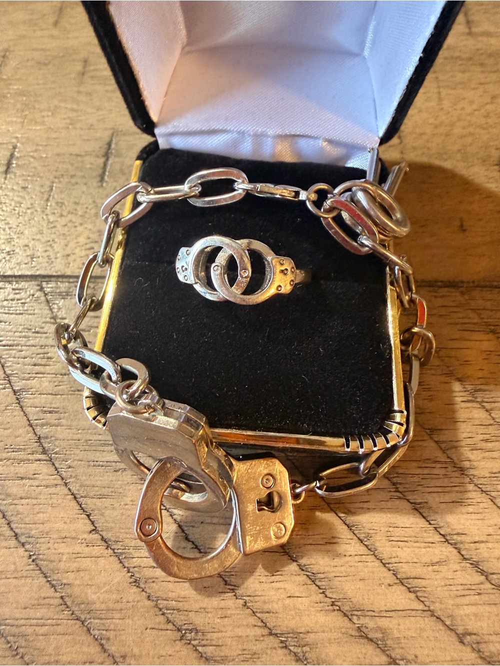 Silver Handcuff Link Bracelet and Ring Set - Silver